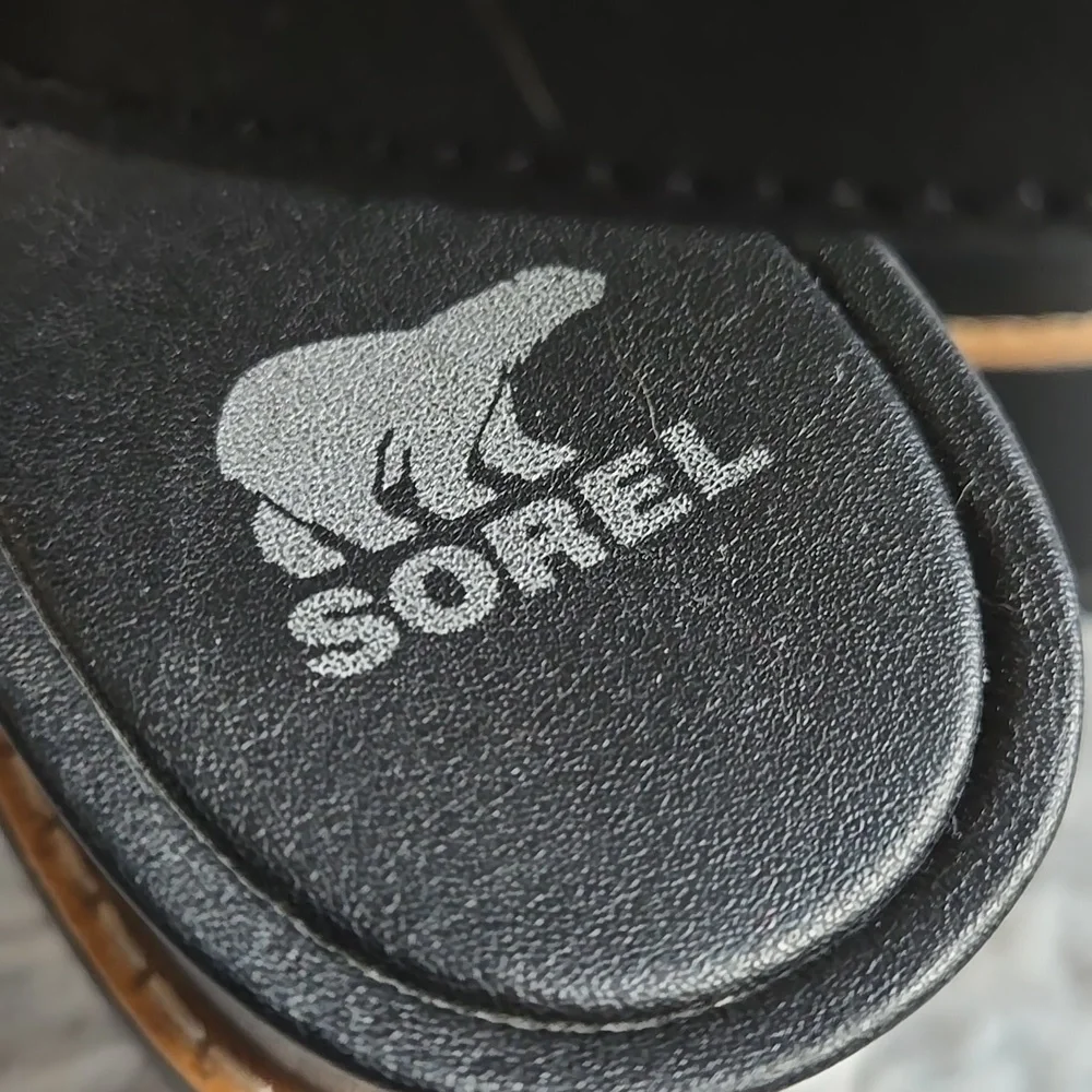 Sorel Black/Tan Platform Sandals, Womens 9 - Picture 2 of 12